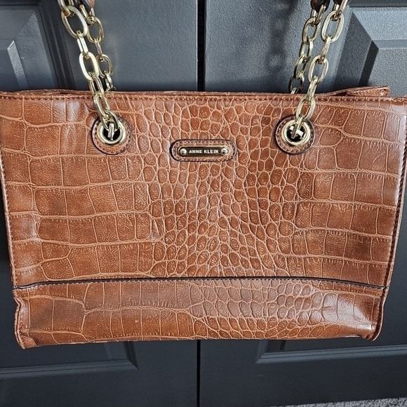 Anne Klein Faux Crocodile Brown Purse Handbag Chain Giraffe Block Safari Lining - Picture 3 of 12
